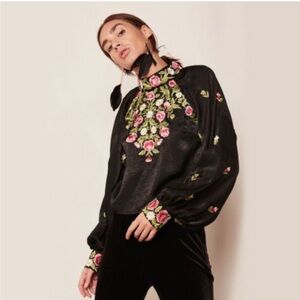 Free People Jessica Blouse with Pink Floral Embroidery